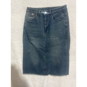 Allegra K Denim Skirt Womens Small Blue Wash Jean Frayed Hem Casual